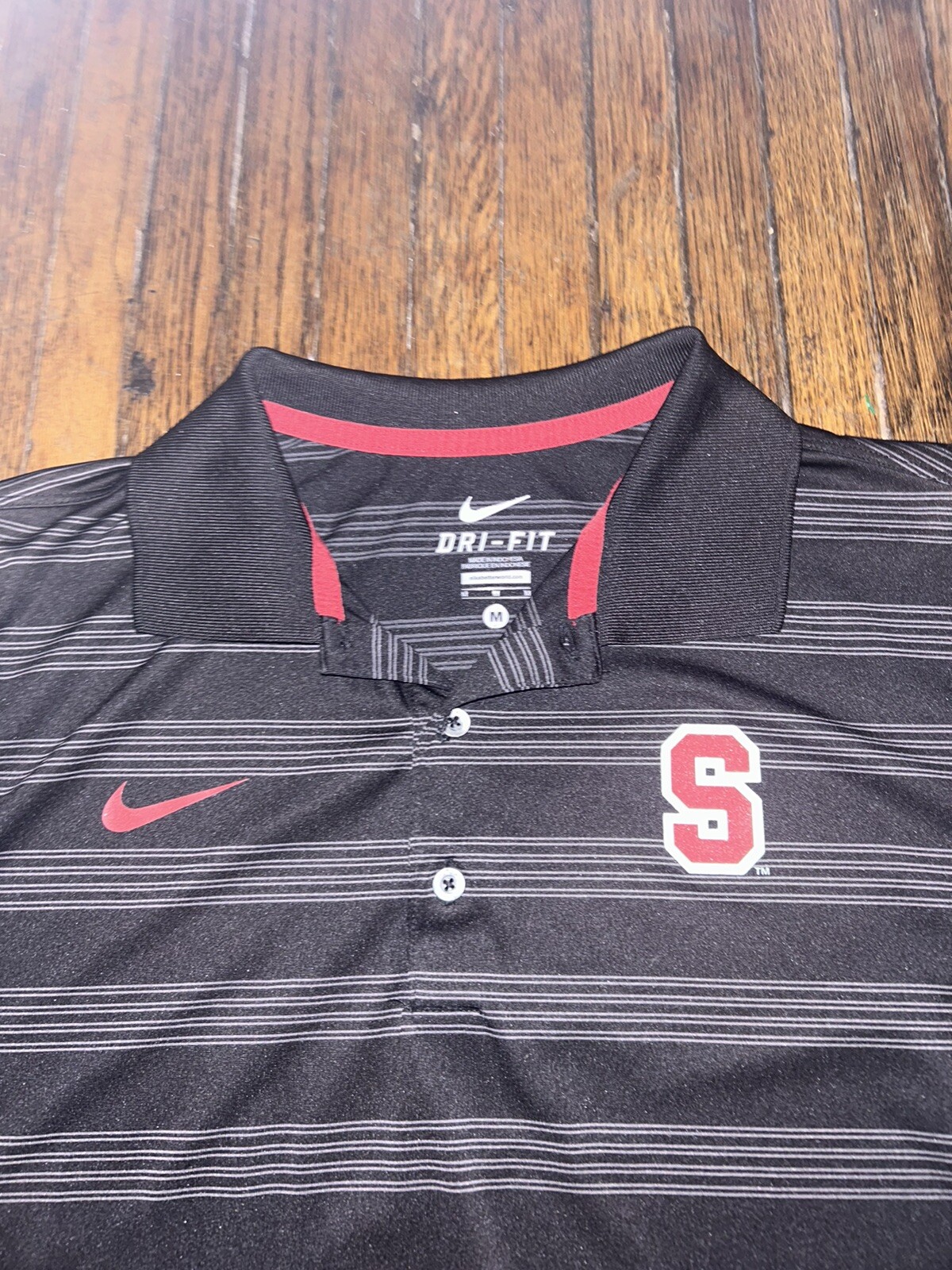 Stanford Cardinal Nike Dri-Fit Polo Shirt Mens Med Black Striped Short Sleeve