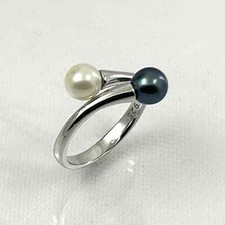 Sterling Silver 925AAA Double Black and White Pearl Cocktail Ring 8 
