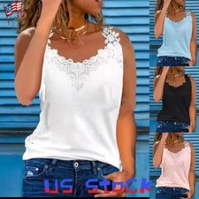 Womens Lace Floral V Neck Vest Ladies Summer Sleeneless T-Shirt Cami Tank Tops