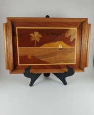 Vintage Hawaii Wood Inlay Marquetry Serving Tray Sailboat Palm Tree Ocean Beach