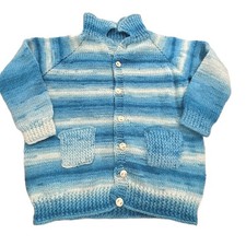 VTG Hand Knit Cardigan Sweater Youth Small Blue Ombre Striped Raglan Button