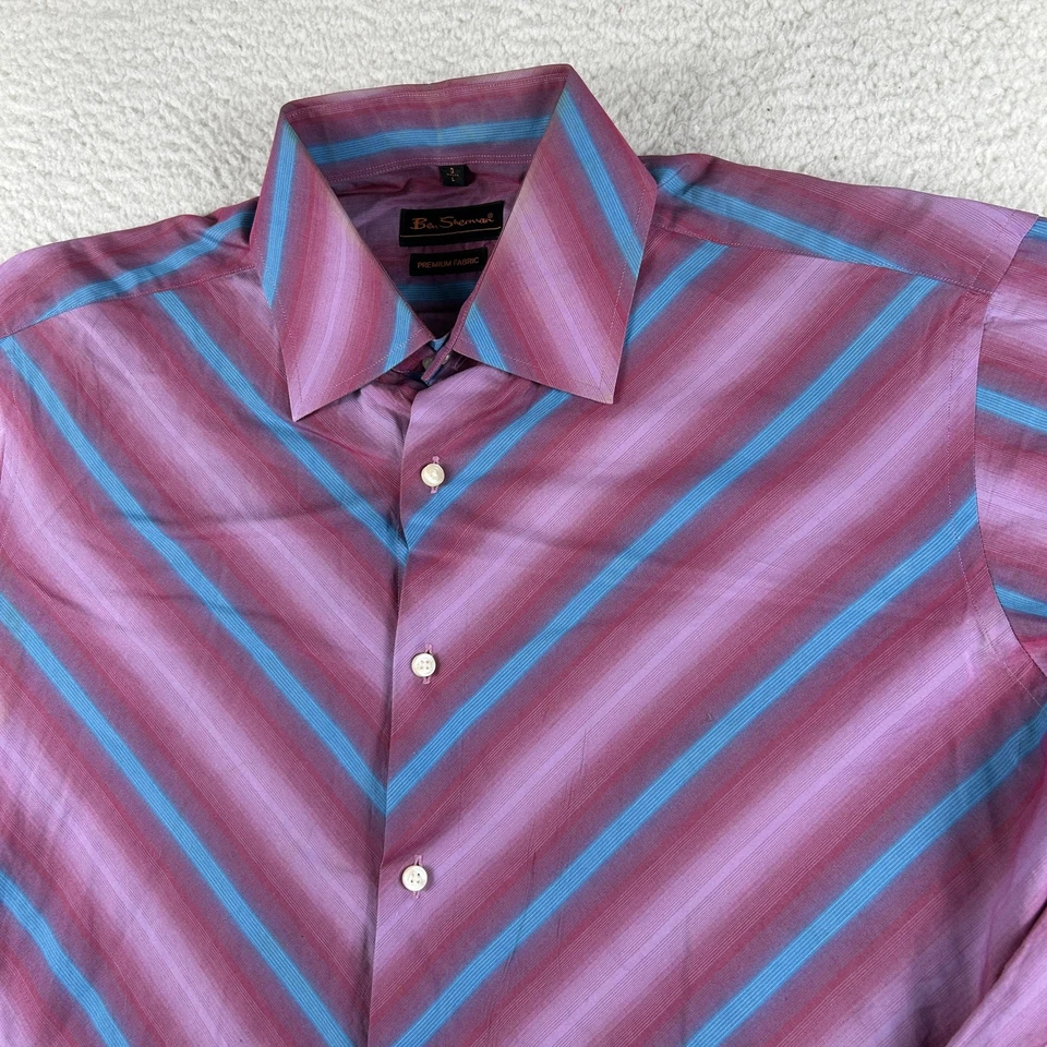 Ben Sherman Dress Shirt Mens Large Pink Stripe Regular Fit Cotton Long Sleeve - Image 2 of 4