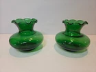 2 Vintage  Anchor Hocking Emerald Green Ruffled Edge Bud Vases 3.25" Tall