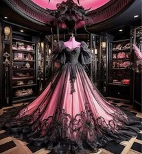Gorgeous Gothic Victorian Evening Gown Black Pink Tulle Lace Embroidered Corset