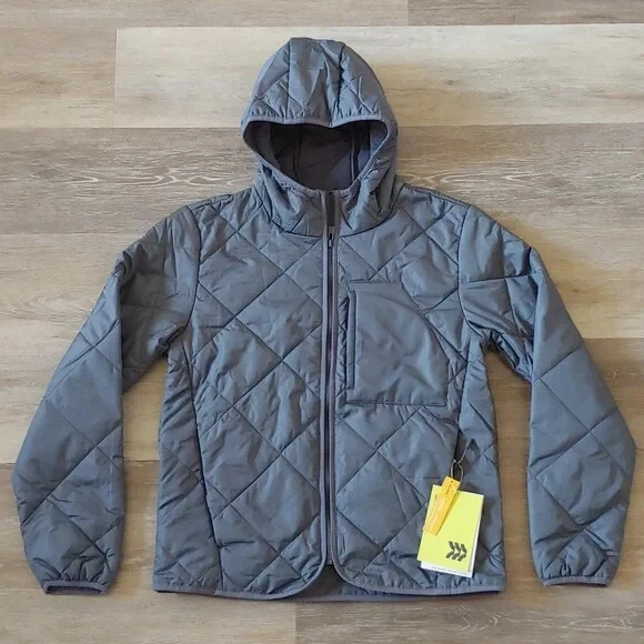 NWT All in Motion Men's Lightweight Packable Puffer Hooded Jacket Grey Size S