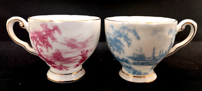2 Cups Only Tuscan Fine English Bone China Demitasse Blue Pink Porcelain