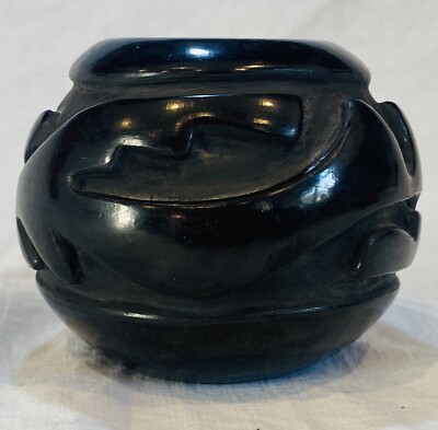 Native American Joy Cain Carved and Incised Black Pottery Santa Clara Bowl 