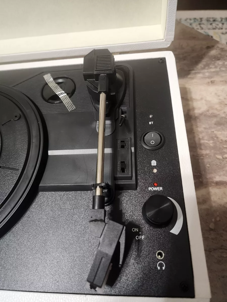Jorlai 3 Speed Portable Turntable Record Player white. Bluetooth