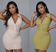 Women's Ribbed Knit Casual Collar Neck Fitted Bodycon Sleeveless Mini Dress