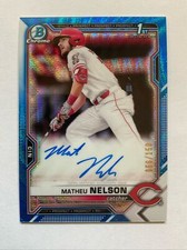 2021 Bowman Chrome Draft Blue Refractor Auto MATHEU NELSON RC, REDS CDA-ML  /150