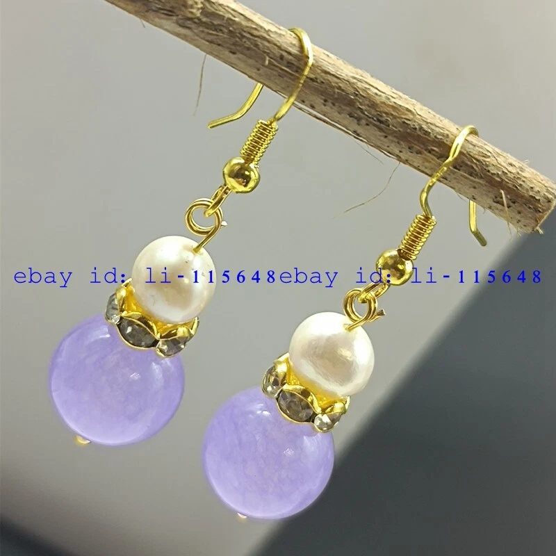 Natural 7 8mm White Freshwater Pearl 12mm Purple Jade Round Gem