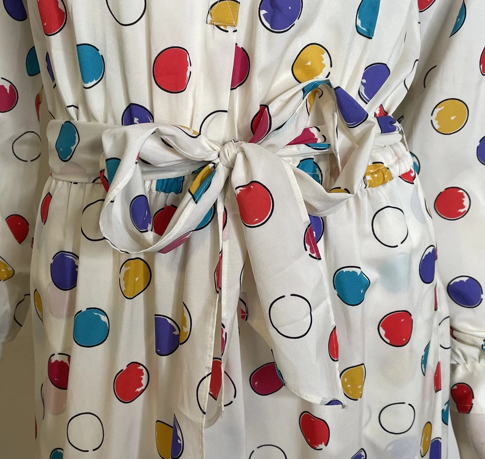 Vestido Camisa Chaus De Colección Años 70 Blanco Estampado Burbuja Lunares Cinturón 9 10 Foto 3 de 4