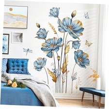 Large Blue Flower Wall Stickers Floral Butterfly Plants Gold Leaves Wall