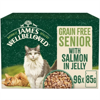 96 x 85g James Wellbeloved Grain Free Senior Cat Food Pouches Salmon in Jelly