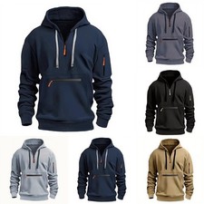Men's Hooded Sweatshirt Loose for Fit Zip-Up Solid Color Long Sleeve Casual for
