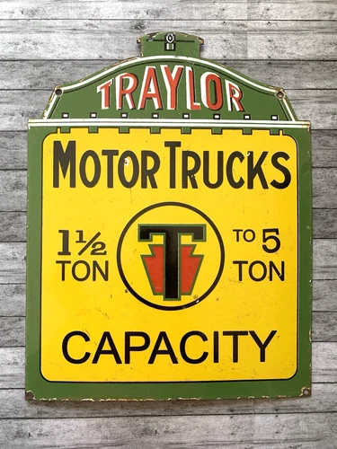 VINTAGE 13.5x10.5" TRAYLOR MOTOR TRUCKS GASOLINE STATION PORCELAIN OIL GAS SIGN