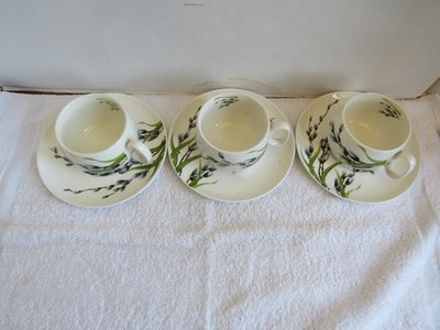 Three Unmarked Vintage Small Cup & Saucer Sets With Pussy Willow Designs