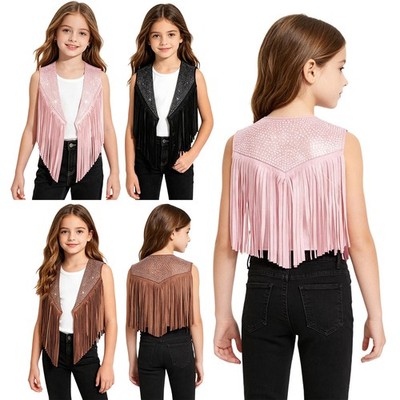DE Kinder Mädchen Western Cowboy Weste mit Fransen Ärmellos Jacket Oberteil