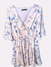 Floral Ruffled Mini Dress M Simplee Faux Wrap Flare Sleeve Fairy Beachy Flirty 