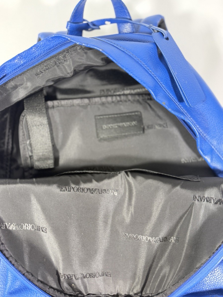 Emporio Armani Blue Pebbled Logo Zip Backpack w/ Outer Pockets