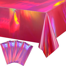 4 Pack Hot Pink Iridescence Plastic Tablecloths Shiny Disposable Laser Rectangle