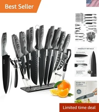 Knife Block Set, 19 PCS Kitchen Knife Set with Acrylic Block and Sharpener, G...