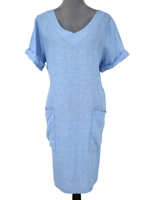 Alexandre Laurent Dress Womens Small Blue Linen Cuffed Slv Pockets Made in Italy