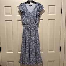 MSK Dress Womens Size Small Blue Floral Short Sleeve Vneck Cinch Waist