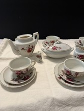 1950s Vintage Child's Moss Rose China Tea Set 22 Pieces, Japan Crane READ