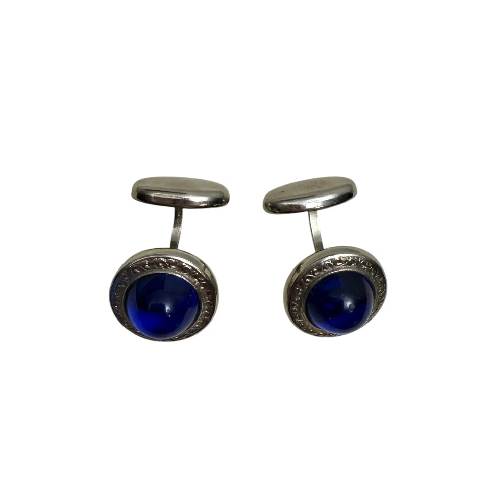 Gemelos vintage piedra azul tono plata redondos formales joyas para hombre Foto 4 de 4