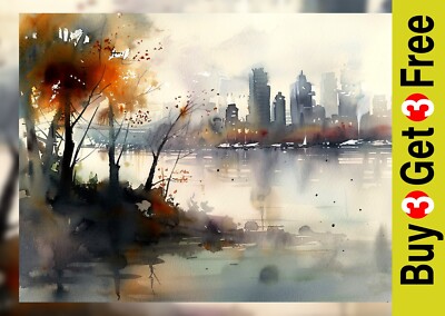 City Skyline 5''x7'' Druck auf mattem Papier | Serene Urban Aquarell Kunst