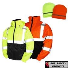 Hi-Vis Insulated Safety Bomber Reflective Jacket with Winter Weather Beanie Hat