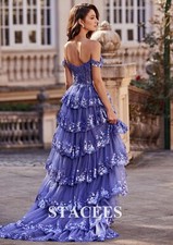A-line Off-the-Shoulder Sweep Train Tulle Prom Dress with Ruffles Sequins Split