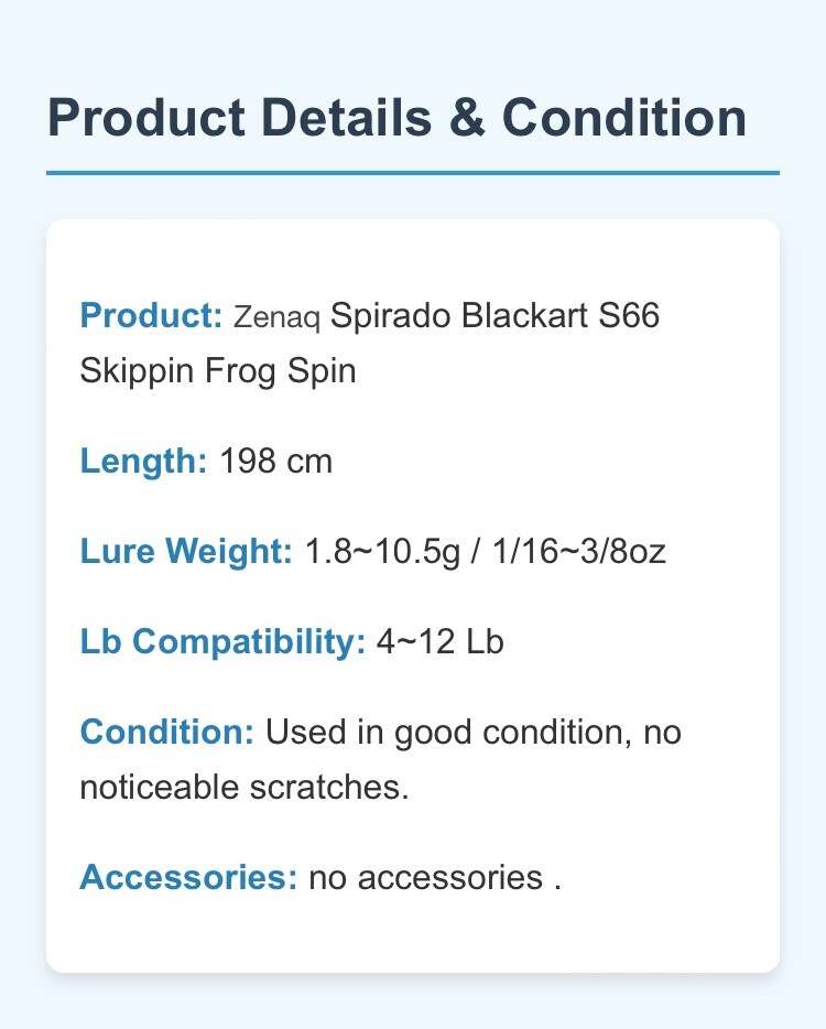 新品未使用 S66 Skippin’ Frog Zenaq Spirado Blackart S66 Skippin Frog Spin fishing Rod