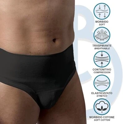 BEMAN 602 SLIP ERNIARIO UOMO ERNIA INGUINALE SPORT 90% COTONE CONTENITIVO NERO