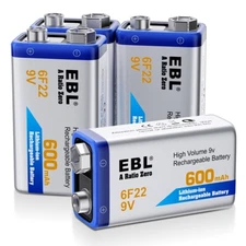 EBL 9V Rechargeable Lithium Batteries 9 Volt 600mAh Li-ion Batteries 4Pack