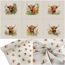 Highland Cow Panama Fabric and Cushion Panel Sets Linen Look Farm Home Decor