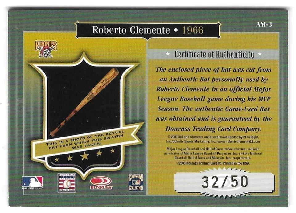 ROBERTO CLEMENTE 2003 Timeless Treasures Award Materials GU Bat #32 de solo 50! Foto 2 de 2