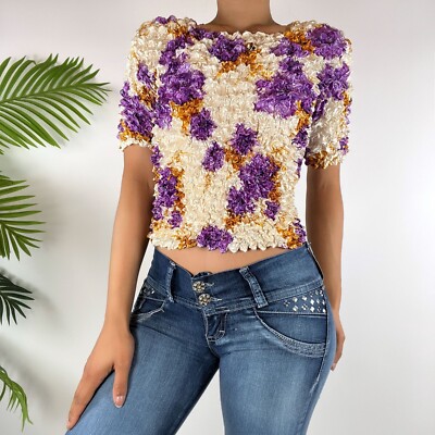 Vintage Y2K Purple & Gold Stretchy Magic Bubble Shirt Popcorn Top Vintage Y2K Purple & Gold Stretchy Magic Bubble Shirt Popcorn Top