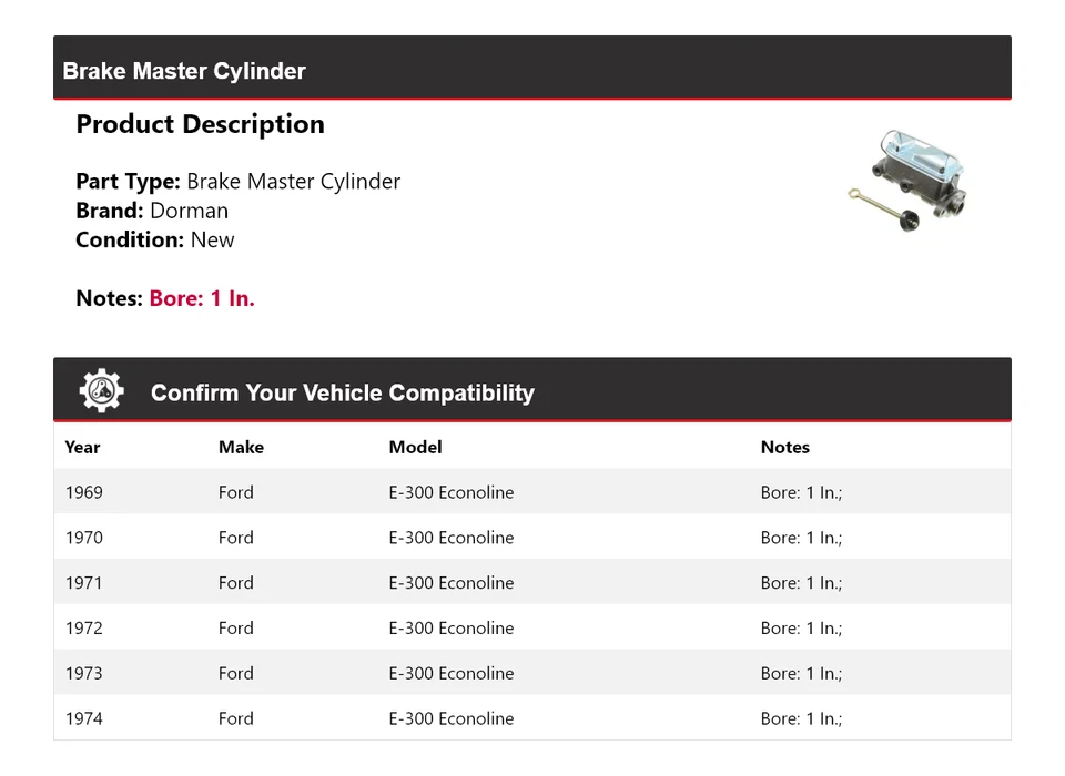 Cilindro maestro de freno para Ford E-300 Econoline Dorman 1969-1974 1970 1971 1972 Foto 2 de 4