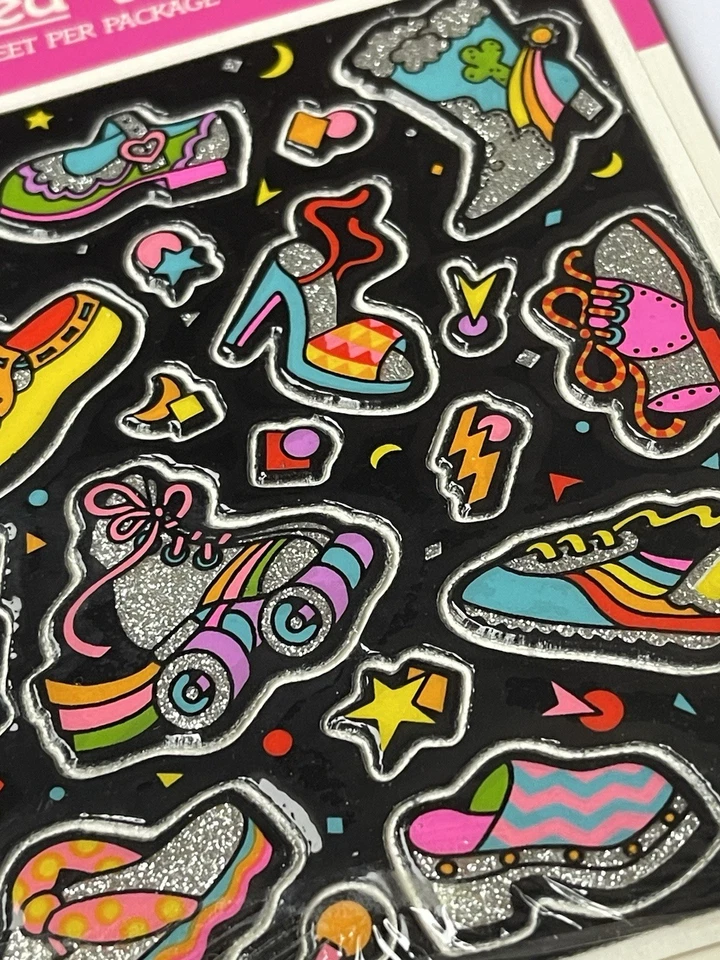 VINTAGE STICKERS HALLMARK PUFFY VINYL PADDED GLITTER STICKERS NOS SKATES SHOES - Image 2 of 2