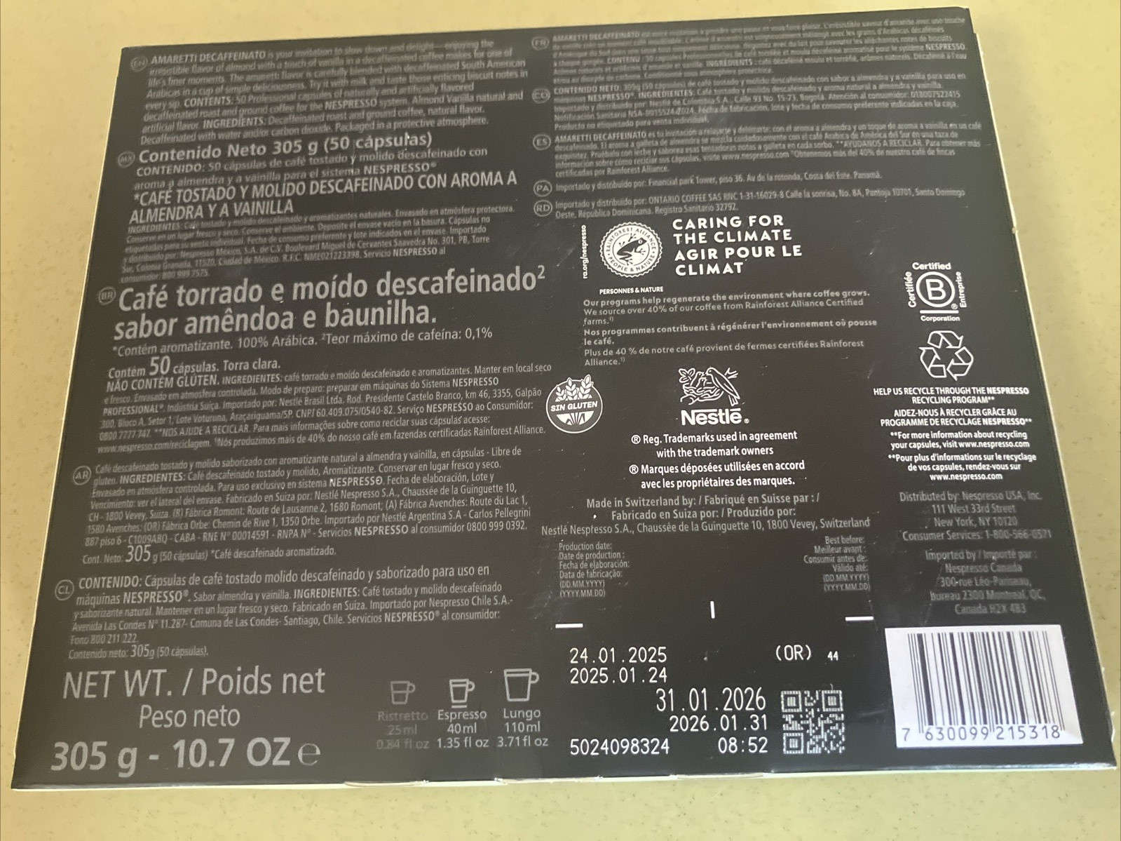 Nespresso Professional Amaretti Decaffeinato Decaf Coffee 50 PACK, BB 1/31/2026