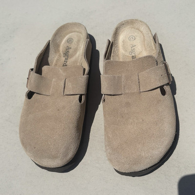Asgard Men's Suede Slip-On Sandals Buckle Beige Cork Insole EU 37