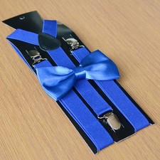 New Mens Matching Suspenders Elastic Adjustable Blue Braces With Bow Tie Set