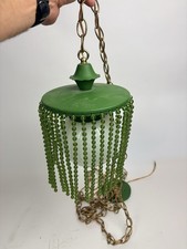 Vintage 70s Hanging Light Green Metal Top Beaded Fringe Glass Globe Hippie Vintage 70s Hanging Light Green Metal Top Beaded Fringe Glass Globe Hippie