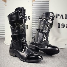 Punk Mens Patent Leather Combat Boots Military Knee High Bikers Mid Calf Boots