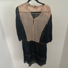 Yashu Prem Women s XL Black Beige Sheer Boho Tunic Blouse Woven 3/4 Sleeve