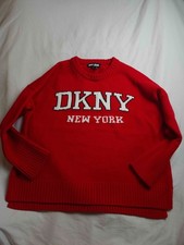 DKNY Jeans Sweater Womens M Red Knit Logo New York Graphic Oversized Pullover