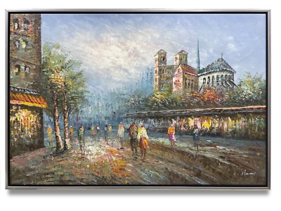 NY Art- Original Oil Painting of Paris Street View on Canvas Framed 24x36