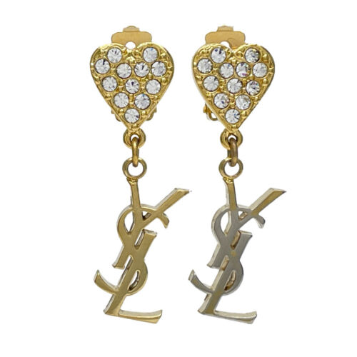 YVES SAINT LAURENT YSL LOGO HEART HOOK VINTAGE GP RHINSTONE EARRINGS ...